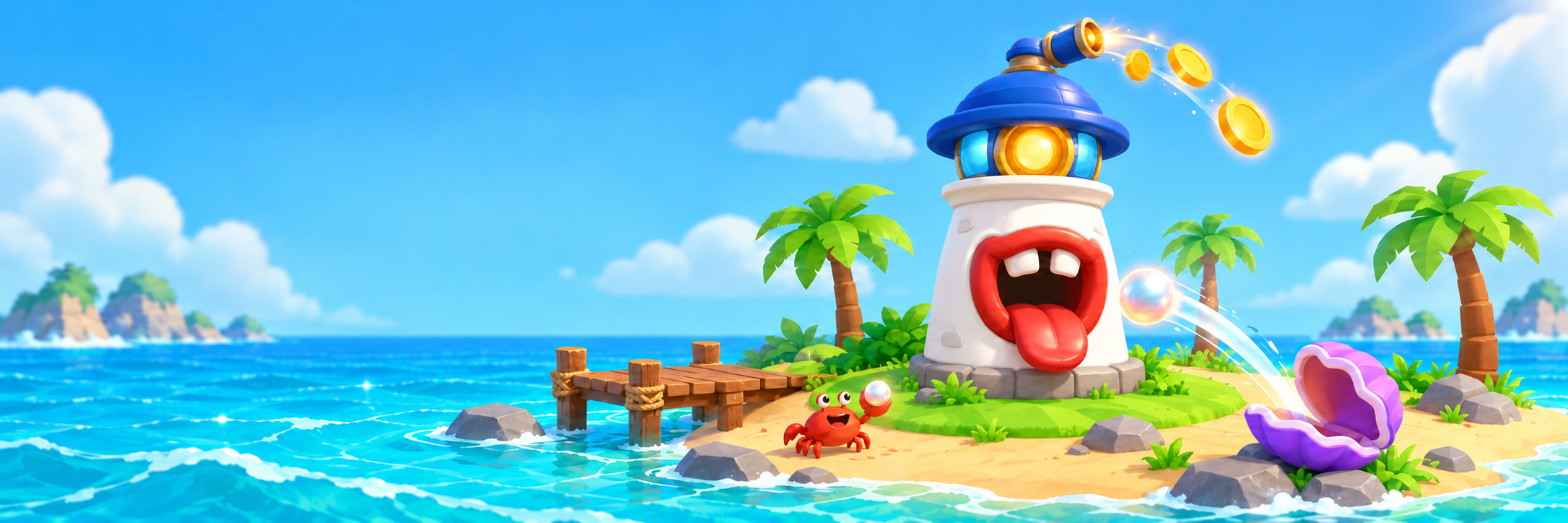 Hungry Beacon: a hungry lighthouse on a small island beside a turquoise sea.